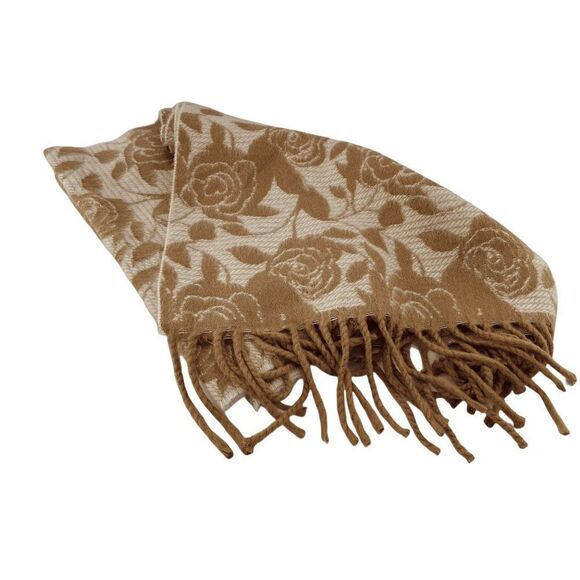 Cejon Rose Floral Tan & Cream Ultra Soft Scarf 65" x 11" Fringed Made in Italy - Picture 1 of 4